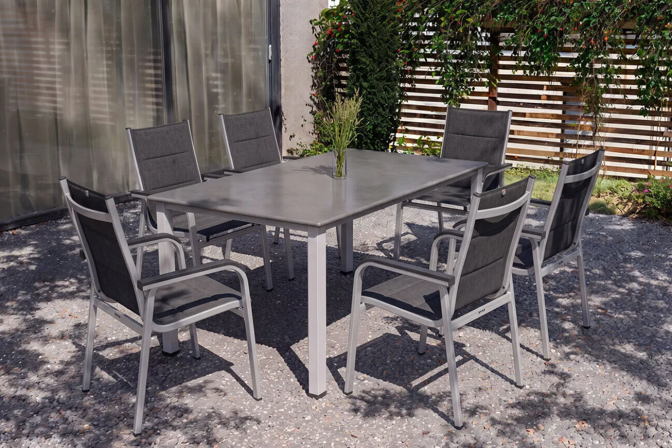 KETTLER Cubic/ Basic Plus Padded Garten-Essgruppe, silber/anthrazit, Alu/Textilene, Tisch 160x90 cm, 6 Stapelsessel