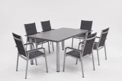 KETTLER Cubic/ Basic Plus Padded Garten-Essgruppe, silber/anthrazit, Alu/Textilene, Tisch 160x90 cm, 6 Stapelsessel