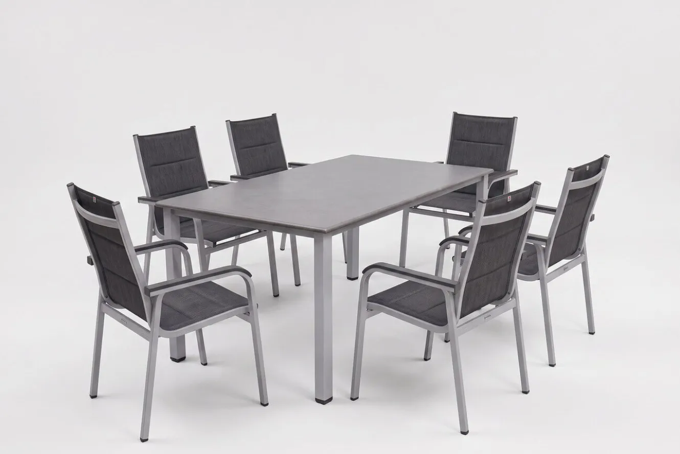 KETTLER Cubic/ Basic Plus Padded Garten-Essgruppe, silber/anthrazit, Alu/Textilene, Tisch 160x90 cm, 6 Stapelsessel