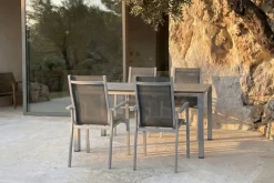 KETTLER Cubic Garten-Essgruppe, silber/anthrazit/grau, Alu/Textilene, Tisch 160x90 cm, 4 Stapelsessel