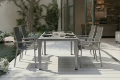 KETTLER Cubic Garten-Essgruppe, silber/anthrazit/grau, Alu/Textilene, Tisch 160x90 cm, 4 Stapelsessel