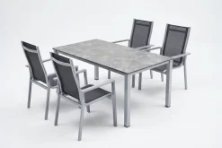 KETTLER Cubic Garten-Essgruppe, silber/anthrazit/grau, Alu/Textilene, Tisch 160x90 cm, 4 Stapelsessel