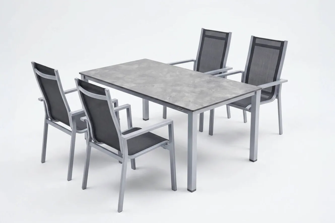 KETTLER Cubic Garten-Essgruppe, silber/anthrazit/grau, Alu/Textilene, Tisch 160x90 cm, 4 Stapelsessel