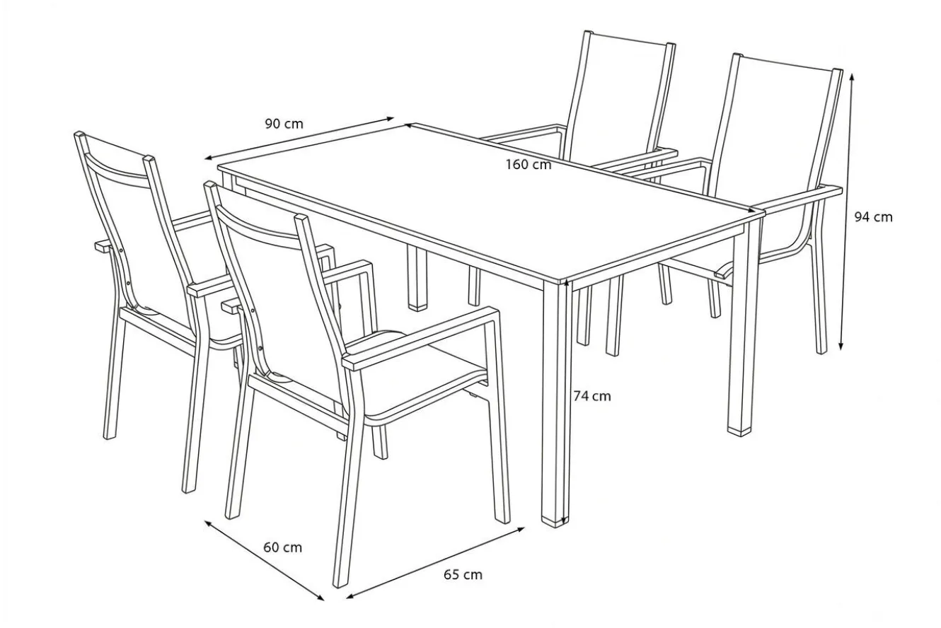 KETTLER Cubic Garten-Essgruppe, silber/anthrazit/grau, Alu/Textilene, Tisch 160x90 cm, 4 Stapelsessel