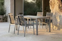 KETTLER Cubic Garten-Essgruppe, silber/anthrazit/grau, Alu/Textilene, Tisch 160x90 cm, 4 Stapelsessel
