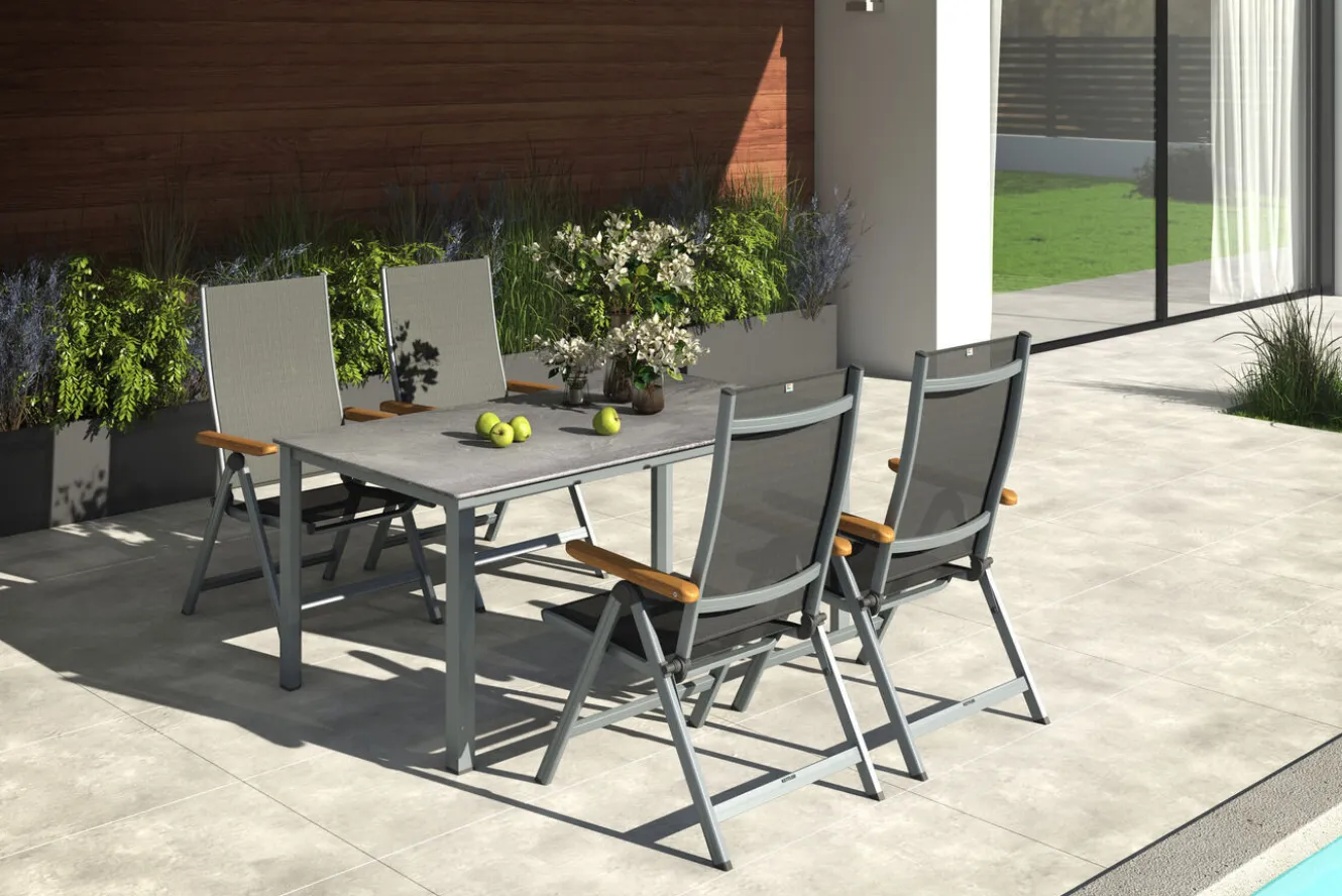 KETTLER Cubic Garten-Essgruppe, silber/anthrazit, Alu, Tisch 160x90, 4 Klappstühle