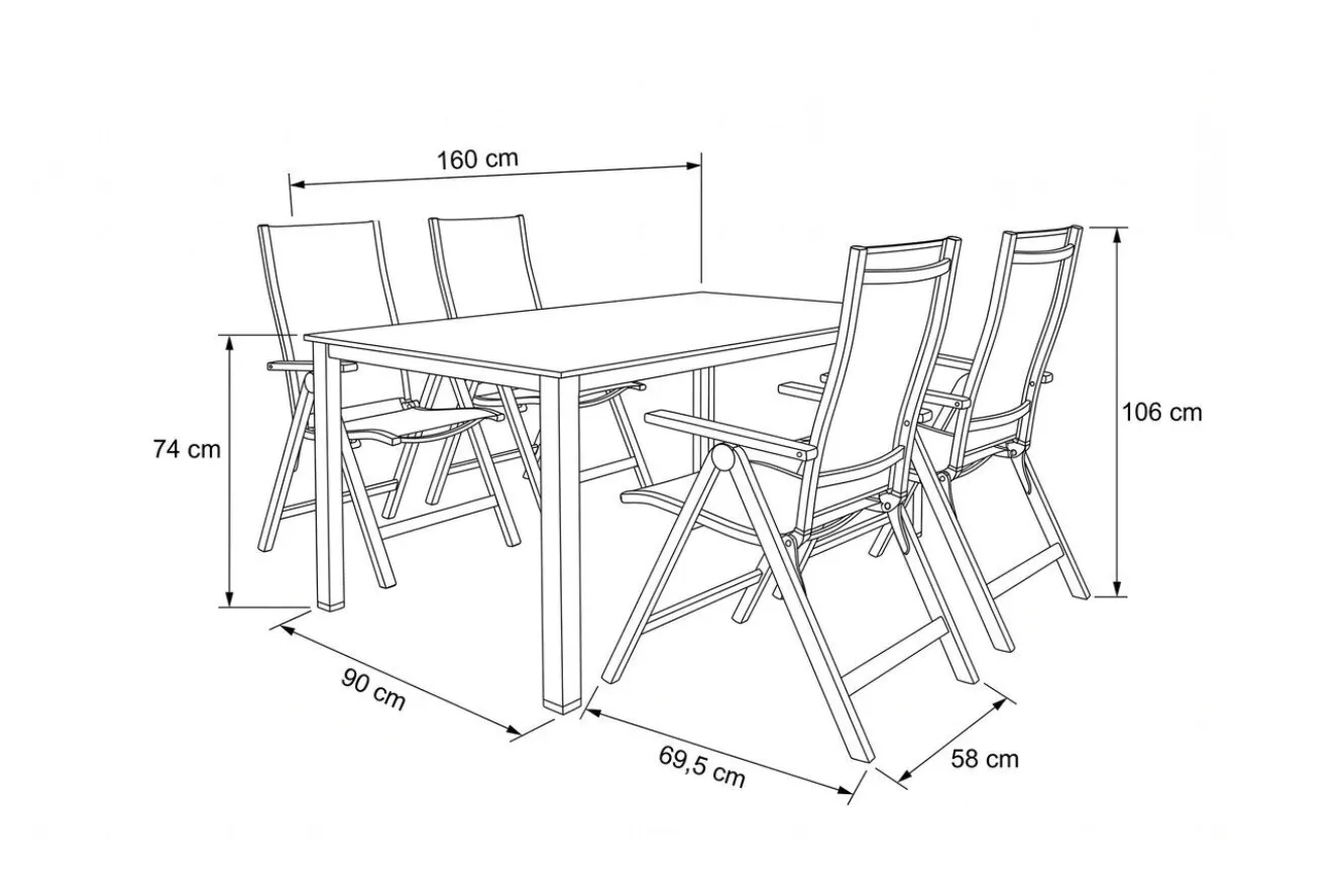 KETTLER Cubic Garten-Essgruppe, silber/anthrazit/grau, Alu/Textilene, Tisch 160 x 90 cm, 4 Klappstühle