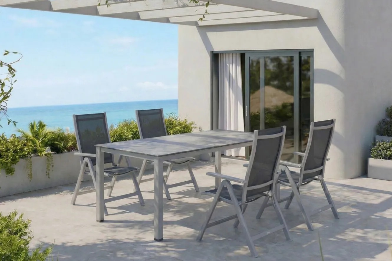 KETTLER Cubic Garten-Essgruppe, silber/anthrazit/grau, Alu/Textilene, Tisch 160 x 90 cm, 4 Klappstühle