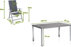 KETTLER Cubic Garten-Essgruppe, silber/anthrazit/grau, Alu/Textilene, Tisch 160 x 90 cm, 4 Klappstühle