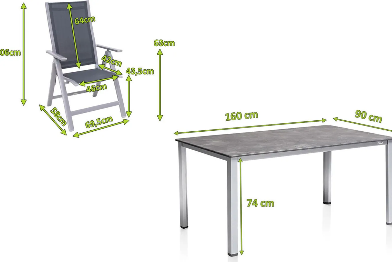 KETTLER Cubic Garten-Essgruppe, silber/anthrazit/grau, Alu/Textilene, Tisch 160 x 90 cm, 4 Klappstühle
