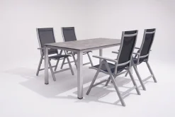 KETTLER Cubic Garten-Essgruppe, silber/anthrazit/grau, Alu/Textilene, Tisch 160 x 90 cm, 4 Klappstühle
