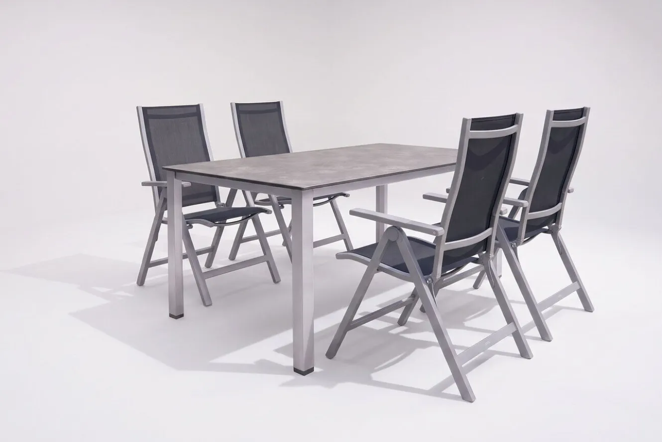 KETTLER Cubic Garten-Essgruppe, silber/anthrazit/grau, Alu/Textilene, Tisch 160 x 90 cm, 4 Klappstühle