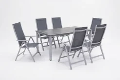 KETTLER Cubic Garten-Essgruppe, silber/anthrazit/grau, Alu/Textilene, Tisch 160 x 90 cm, 6 Klappstühle