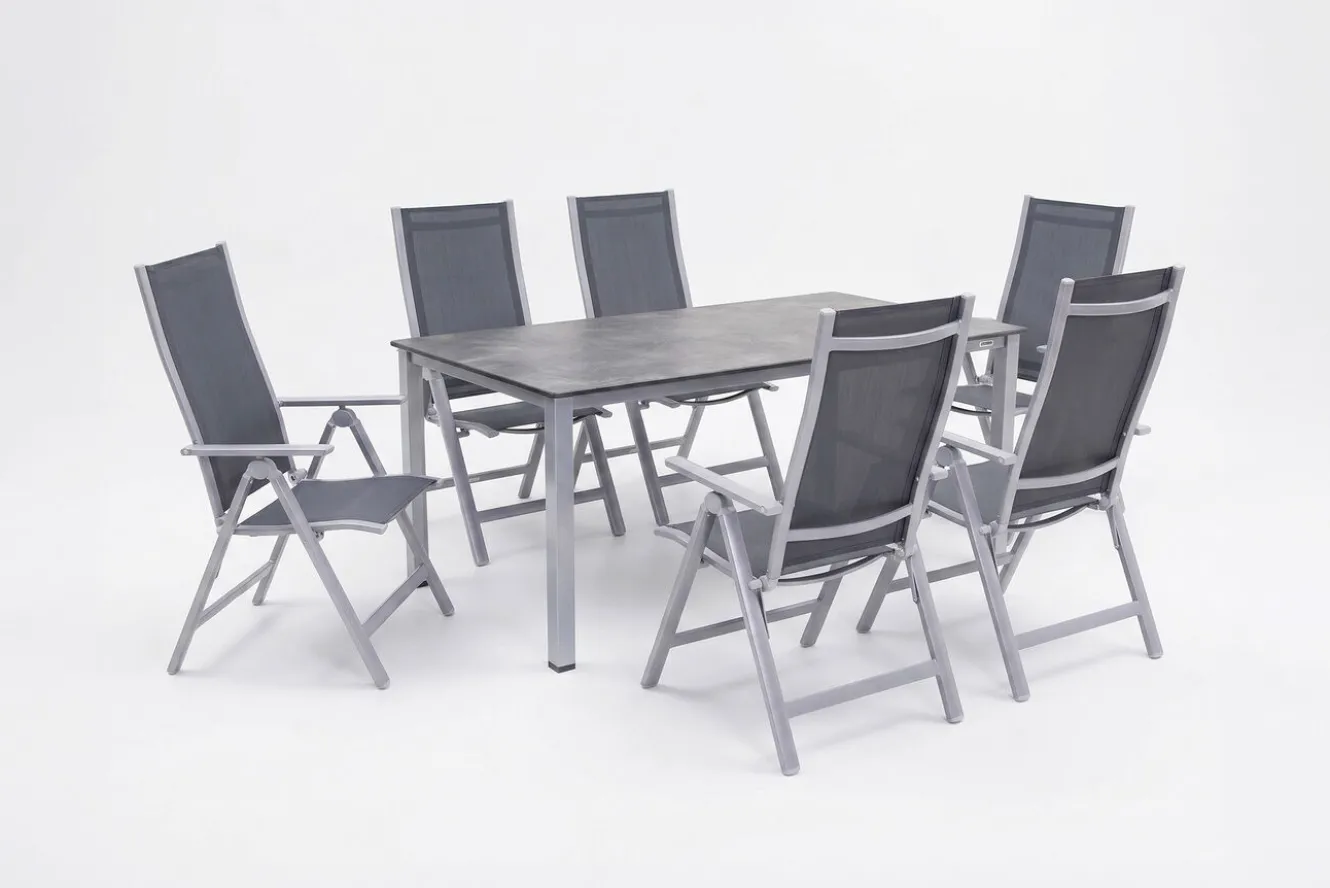 KETTLER Cubic Garten-Essgruppe, silber/anthrazit/grau, Alu/Textilene, Tisch 160 x 90 cm, 6 Klappstühle
