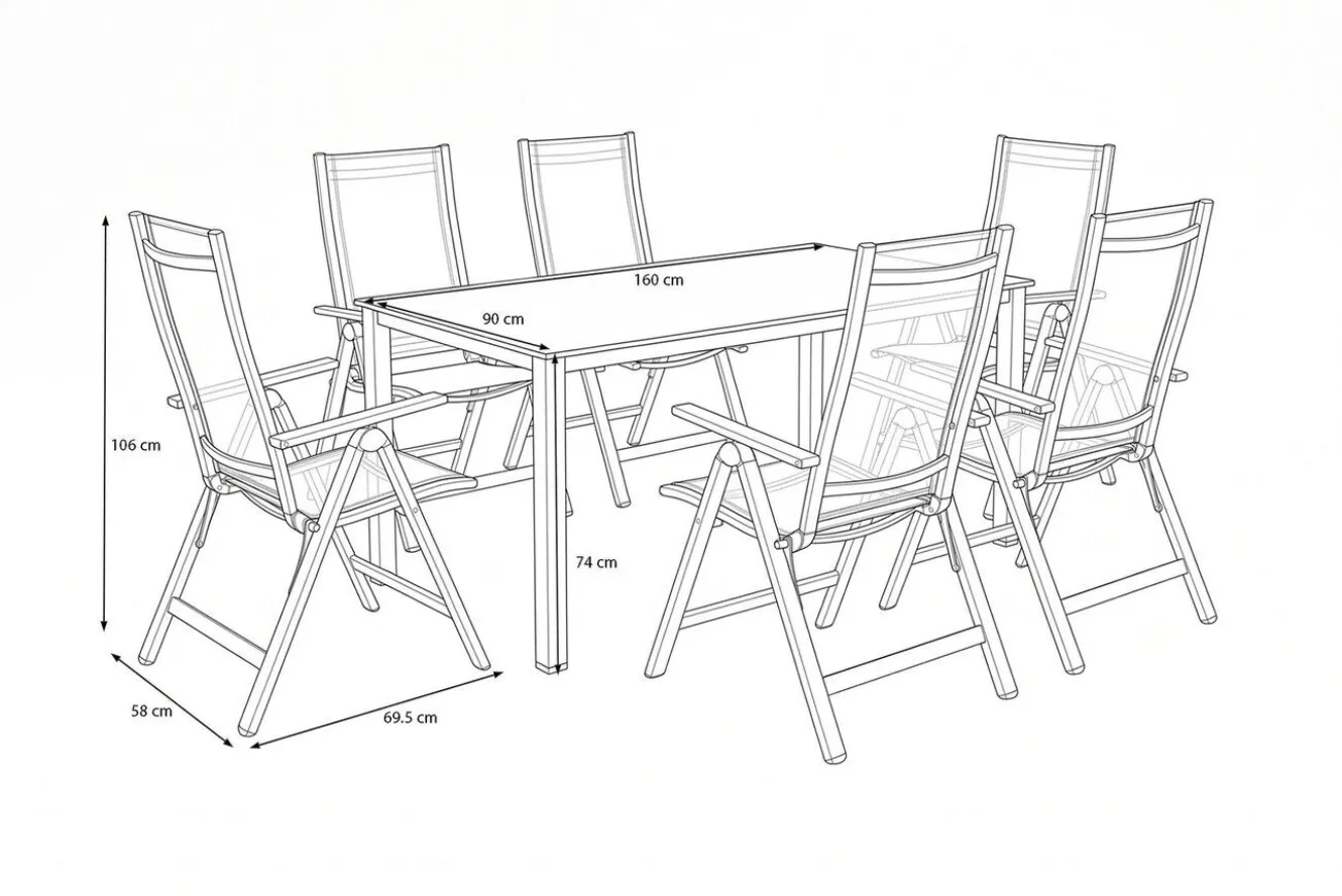 KETTLER Cubic Garten-Essgruppe, silber/anthrazit/grau, Alu/Textilene, Tisch 160 x 90 cm, 6 Klappstühle