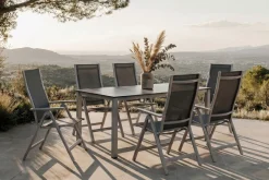 KETTLER Cubic Garten-Essgruppe, silber/anthrazit/grau, Alu/Textilene, Tisch 160 x 90 cm, 6 Klappstühle
