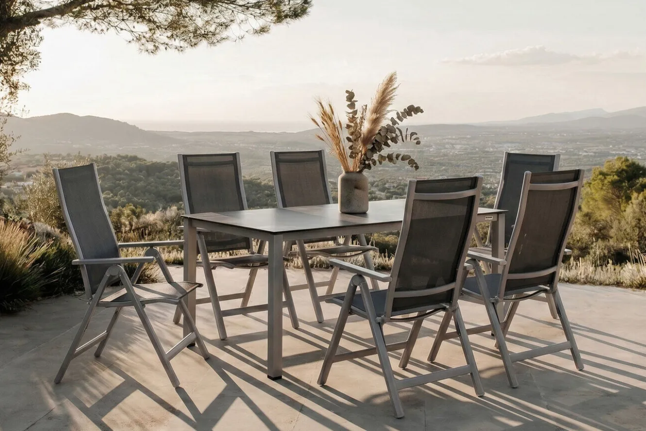 KETTLER Cubic Garten-Essgruppe, silber/anthrazit/grau, Alu/Textilene, Tisch 160 x 90 cm, 6 Klappstühle