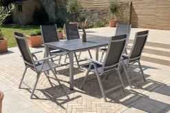 KETTLER Cubic Garten-Essgruppe, silber/anthrazit/grau, Alu/Textilene, Tisch 160 x 90 cm, 6 Klappstühle