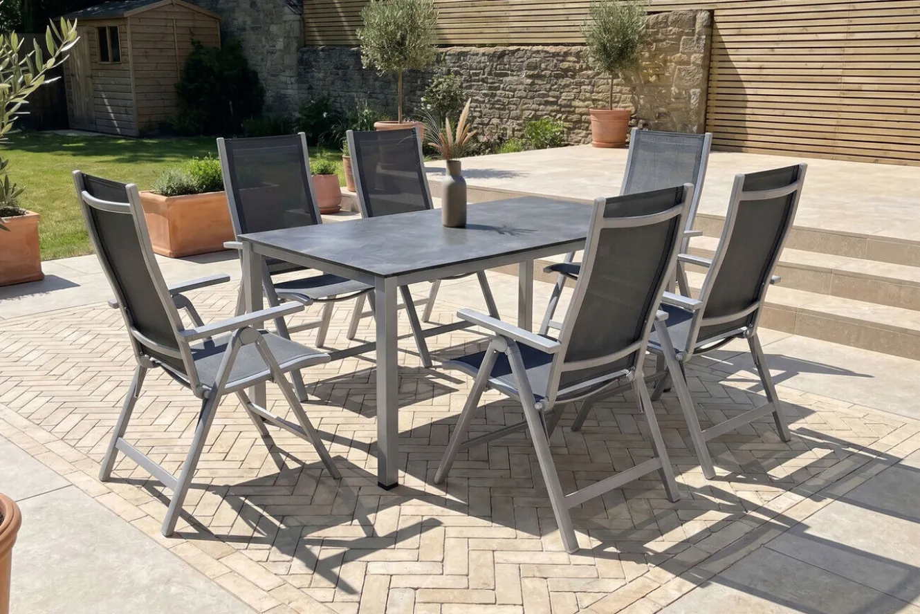 KETTLER Cubic Garten-Essgruppe, silber/anthrazit/grau, Alu/Textilene, Tisch 160 x 90 cm, 6 Klappstühle