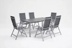 KETTLER Cubic Garten-Essgruppe, silber/anthrazit/grau, Alu/Textilene, Tisch 160 x 90 cm, 6 Klappstühle