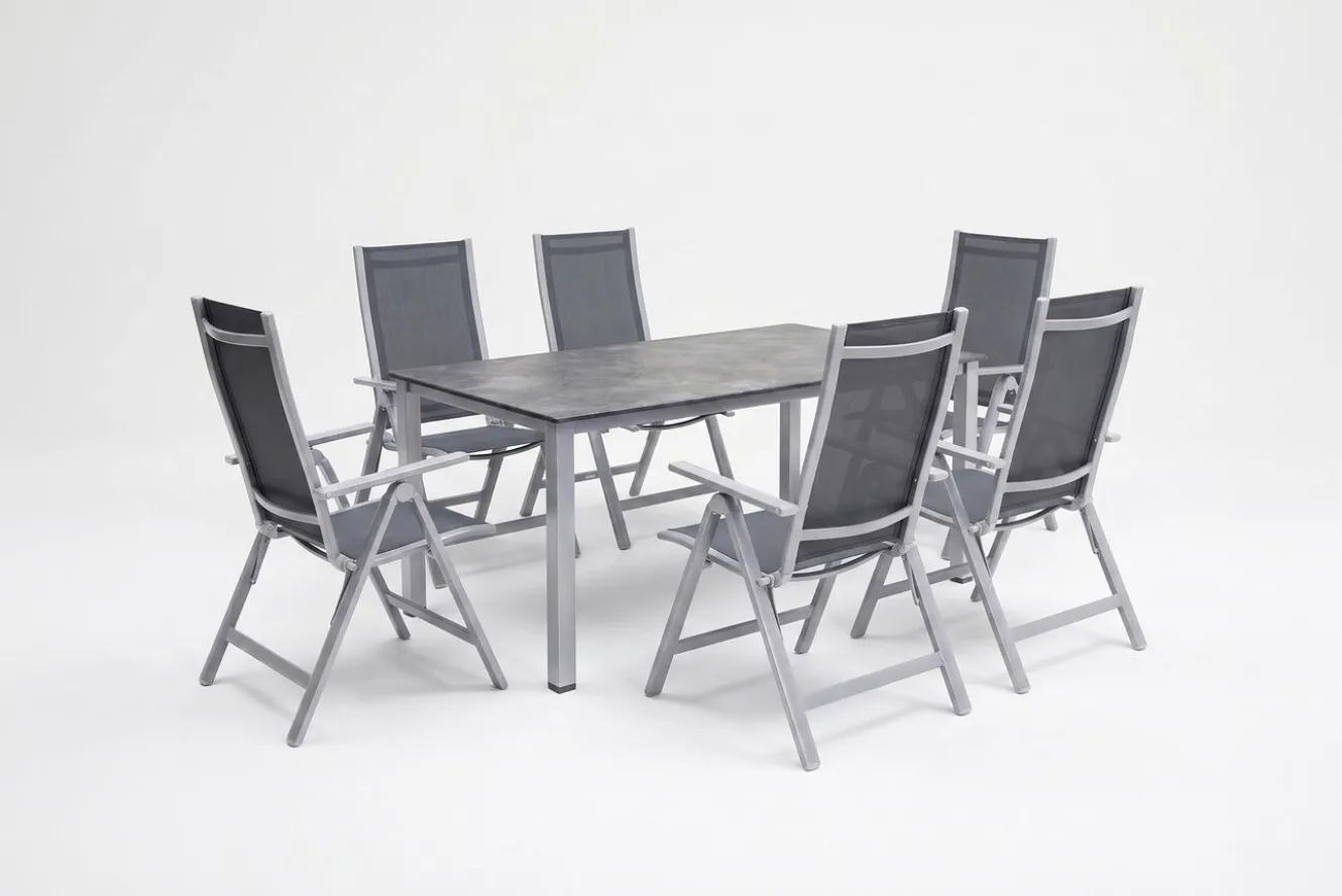 KETTLER Cubic Garten-Essgruppe, silber/anthrazit/grau, Alu/Textilene, Tisch 160 x 90 cm, 6 Klappstühle