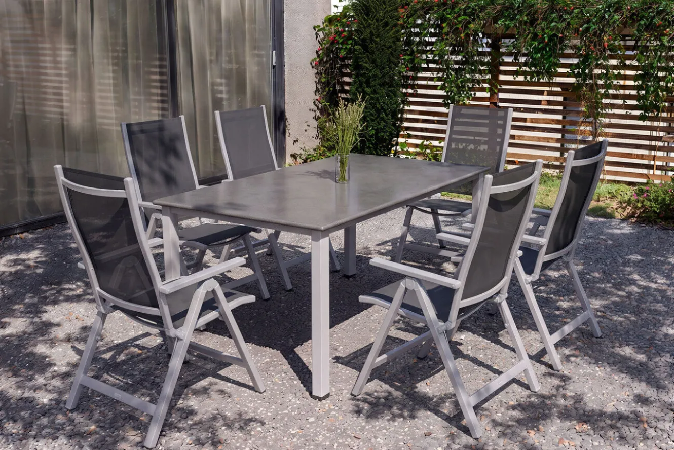 KETTLER Cubic Garten-Essgruppe, silber/anthrazit/grau, Alu/Textilene, Tisch 160 x 90 cm, 6 Klappstühle