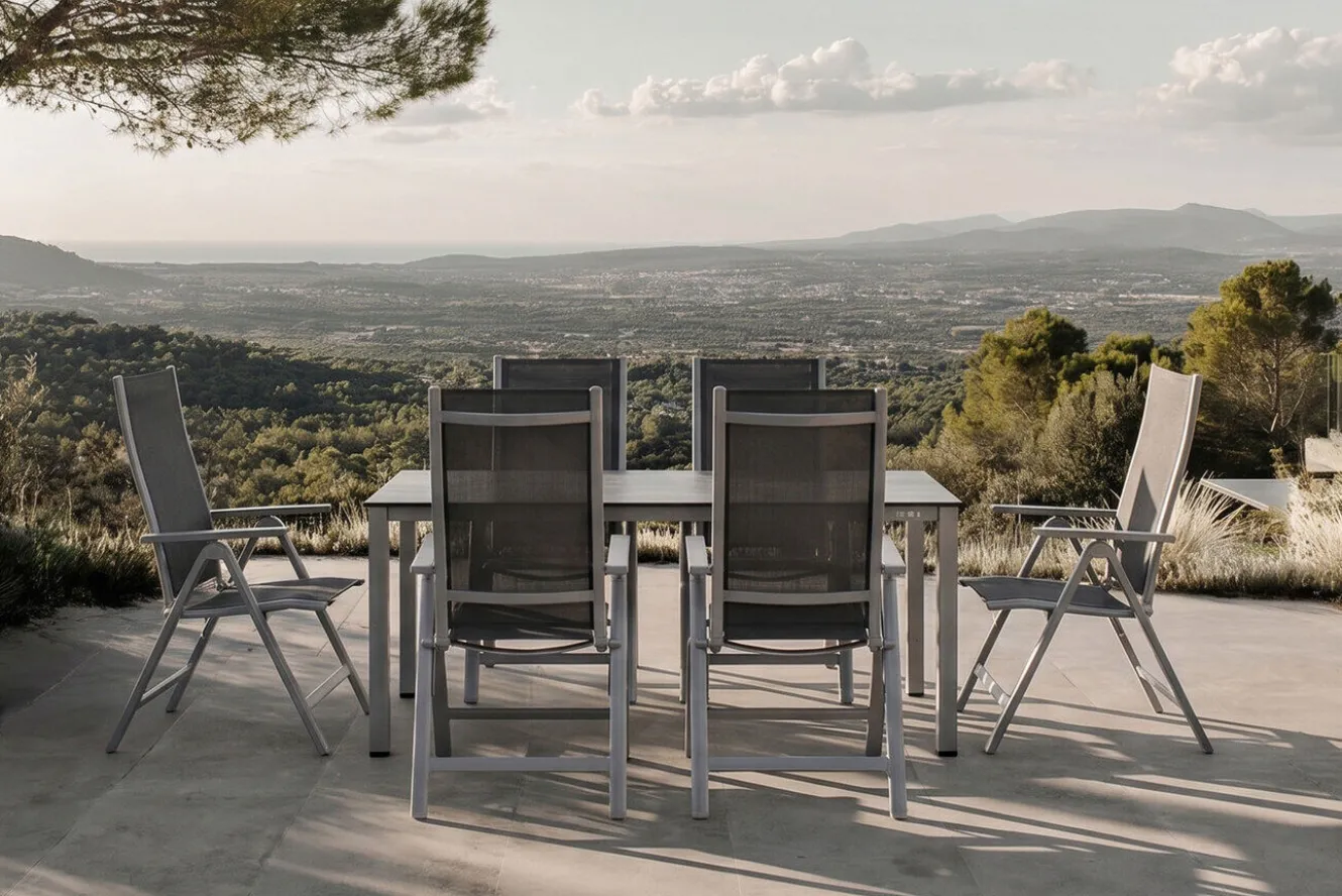 KETTLER Cubic Garten-Essgruppe, silber/anthrazit/grau, Alu/Textilene, Tisch 160 x 90 cm, 6 Klappstühle