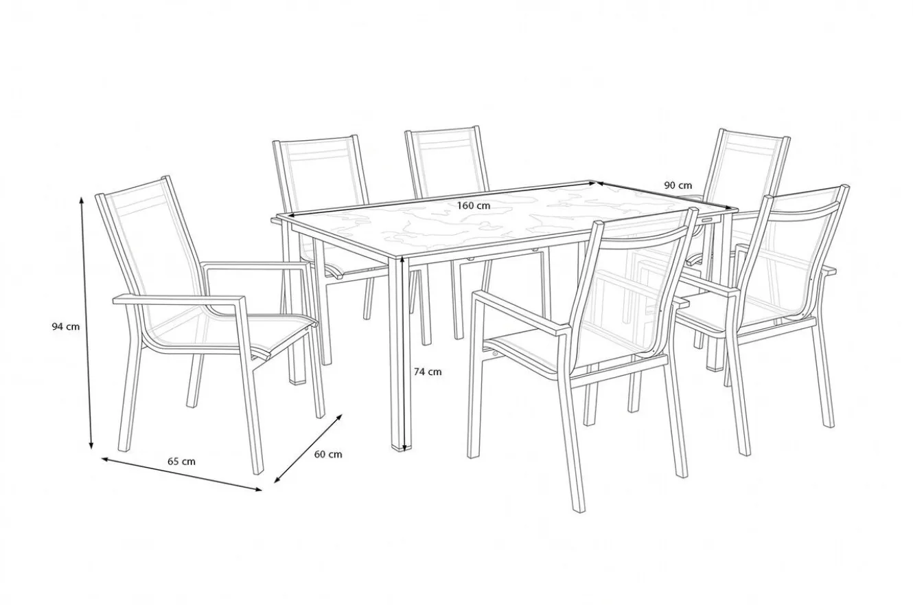 KETTLER Cubic Garten-Essgruppe, silber/anthrazit/grau, Alu/Textilene, Tisch 160x90 cm, 6 Stapelsessel