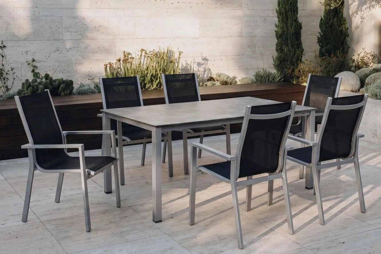 KETTLER Cubic Garten-Essgruppe, silber/anthrazit/grau, Alu/Textilene, Tisch 160x90 cm, 6 Stapelsessel