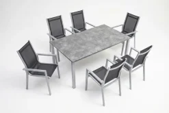 KETTLER Cubic Garten-Essgruppe, silber/anthrazit/grau, Alu/Textilene, Tisch 160x90 cm, 6 Stapelsessel