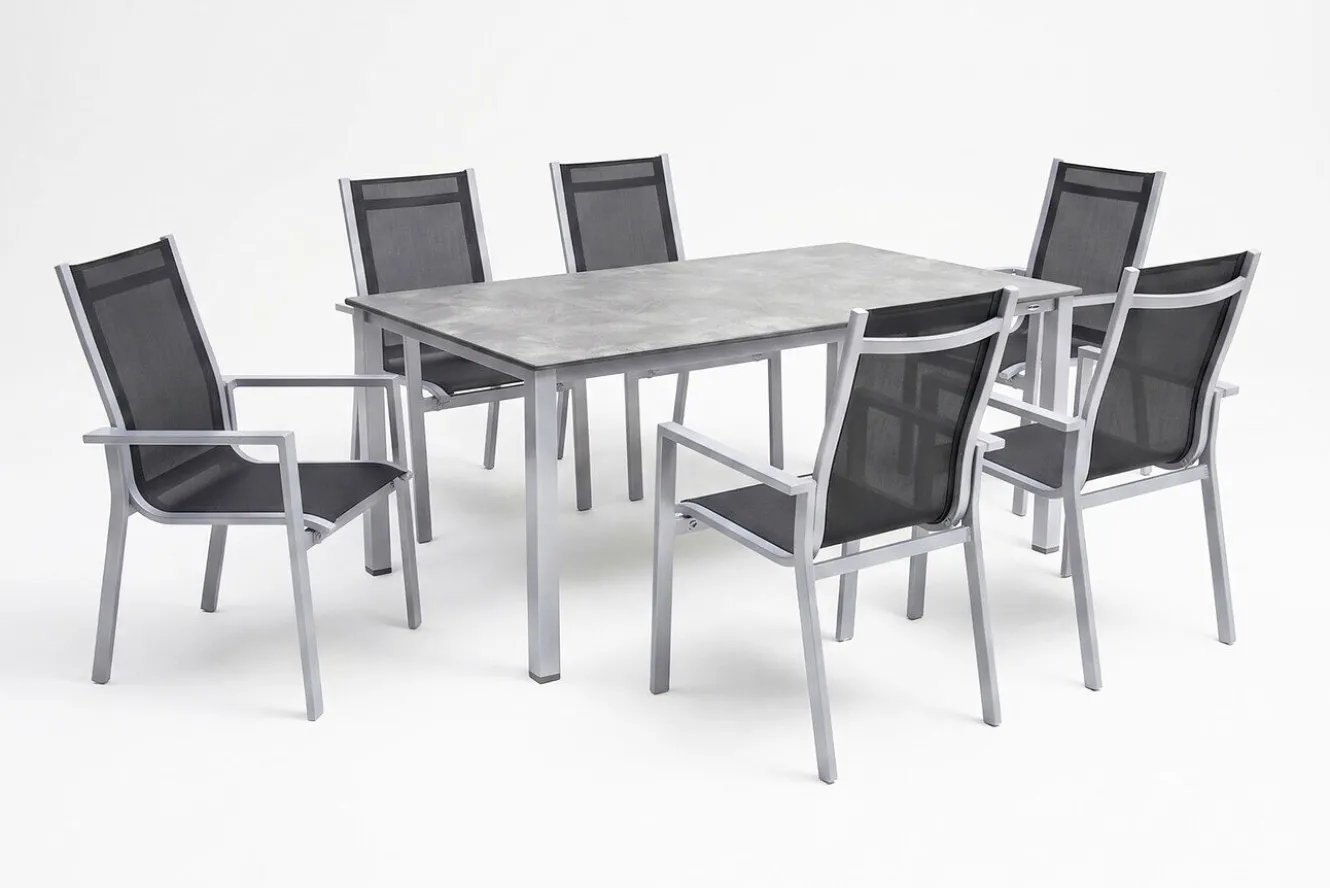 KETTLER Cubic Garten-Essgruppe, silber/anthrazit/grau, Alu/Textilene, Tisch 160x90 cm, 6 Stapelsessel