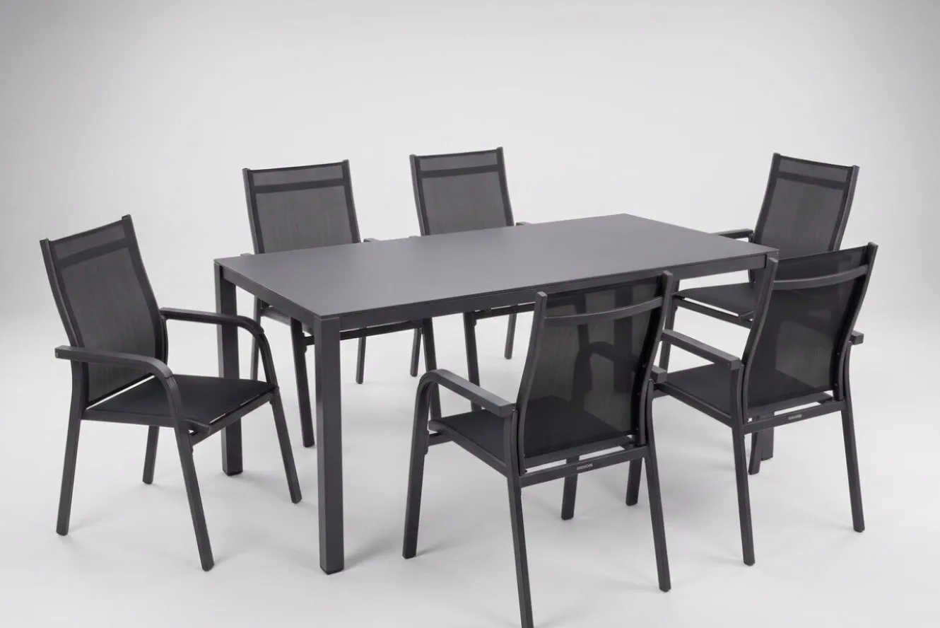 Kettler Esstischgruppe, anthrazit/anthrazit, Kettalux-Plus Dining-Tisch 160x95cm, 6 Stapelsessel BasicPlus
