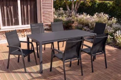 Kettler Esstischgruppe, anthrazit/anthrazit, Kettalux-Plus Dining-Tisch 160x95cm, 6 Stapelsessel BasicPlus