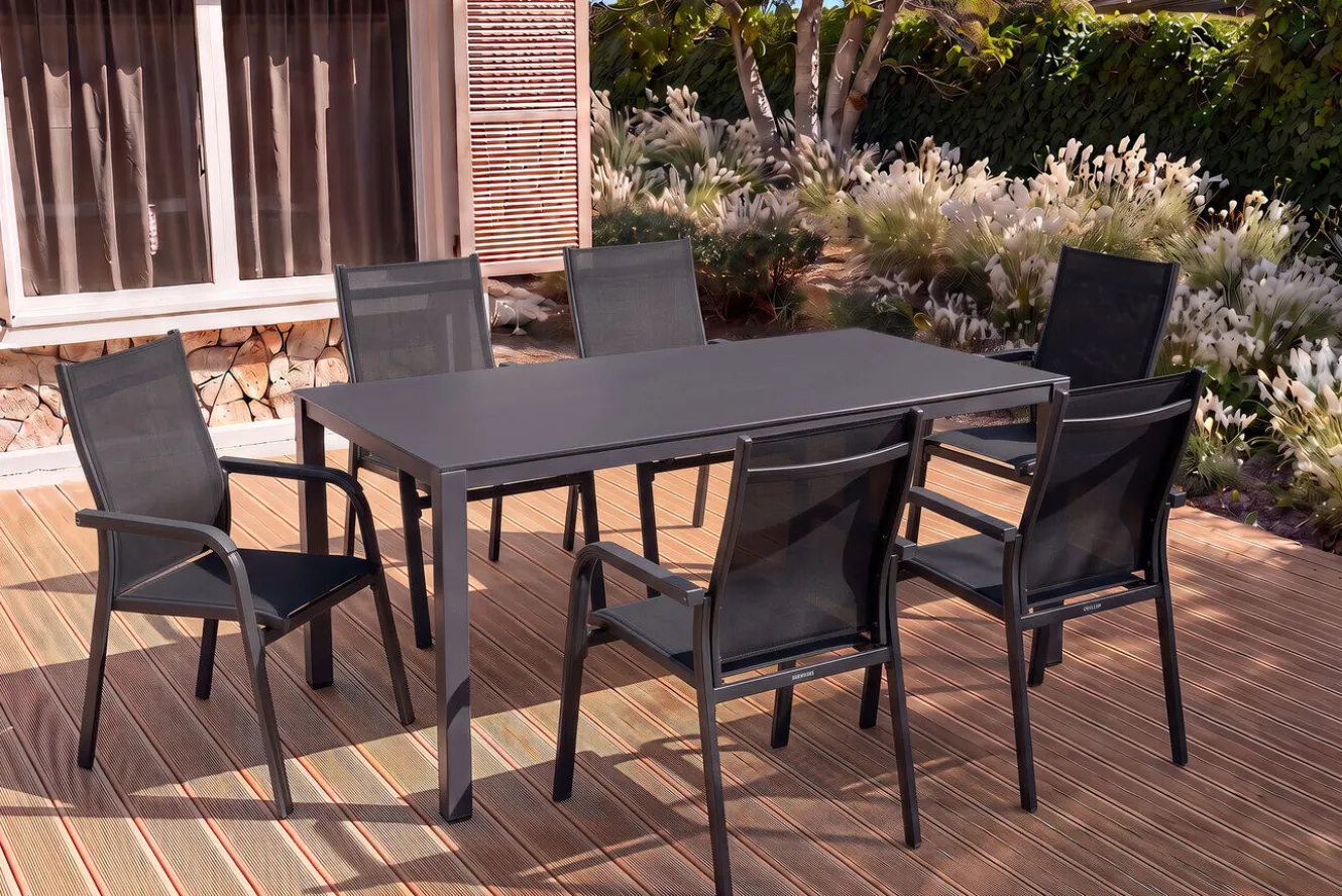 Kettler Esstischgruppe, anthrazit/anthrazit, Kettalux-Plus Dining-Tisch 160x95cm, 6 Stapelsessel BasicPlus