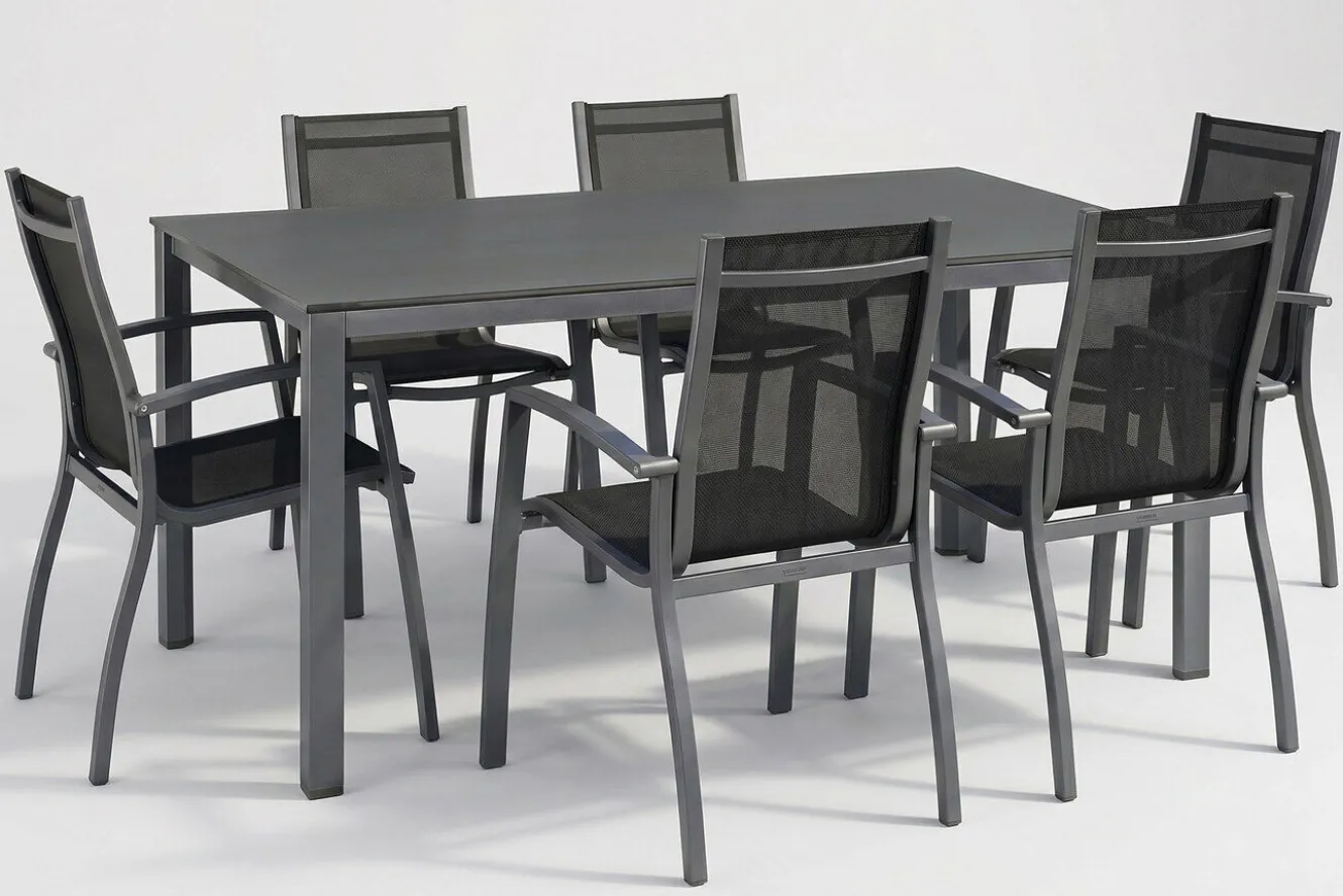 Kettler Esstischgruppe, anthrazit/anthrazit, Kettalux-Plus Dining-Tisch 160x95cm, 6 Stapelsessel Altura