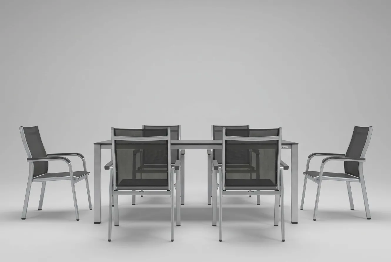 Kettler Esstischgruppe, silber/anthrazit, Kettalux-Plus Dining-Tisch 160x95cm, 6 Stapelsessel BasicPlus