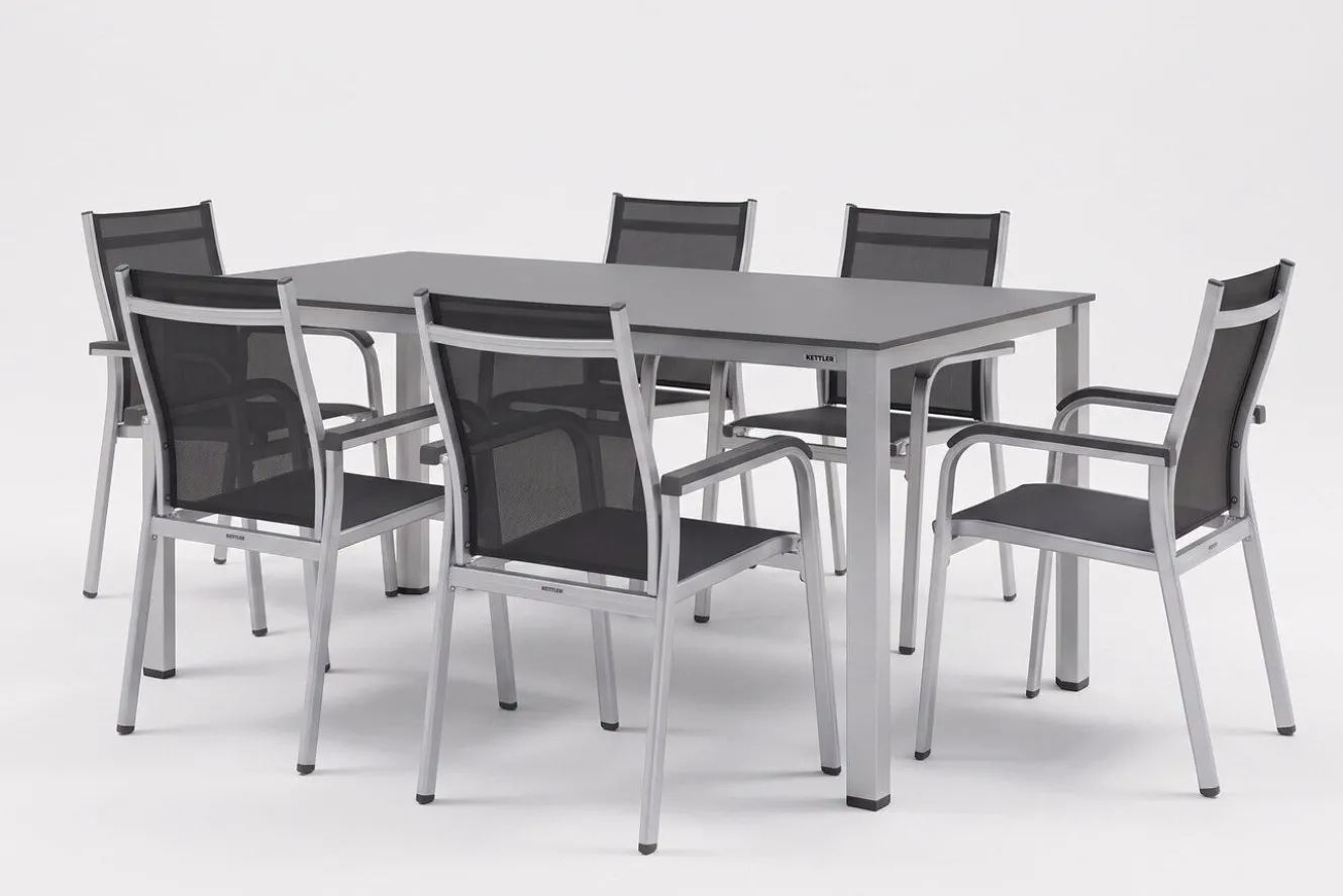Kettler Esstischgruppe, silber/anthrazit, Kettalux-Plus Dining-Tisch 160x95cm, 6 Stapelsessel BasicPlus