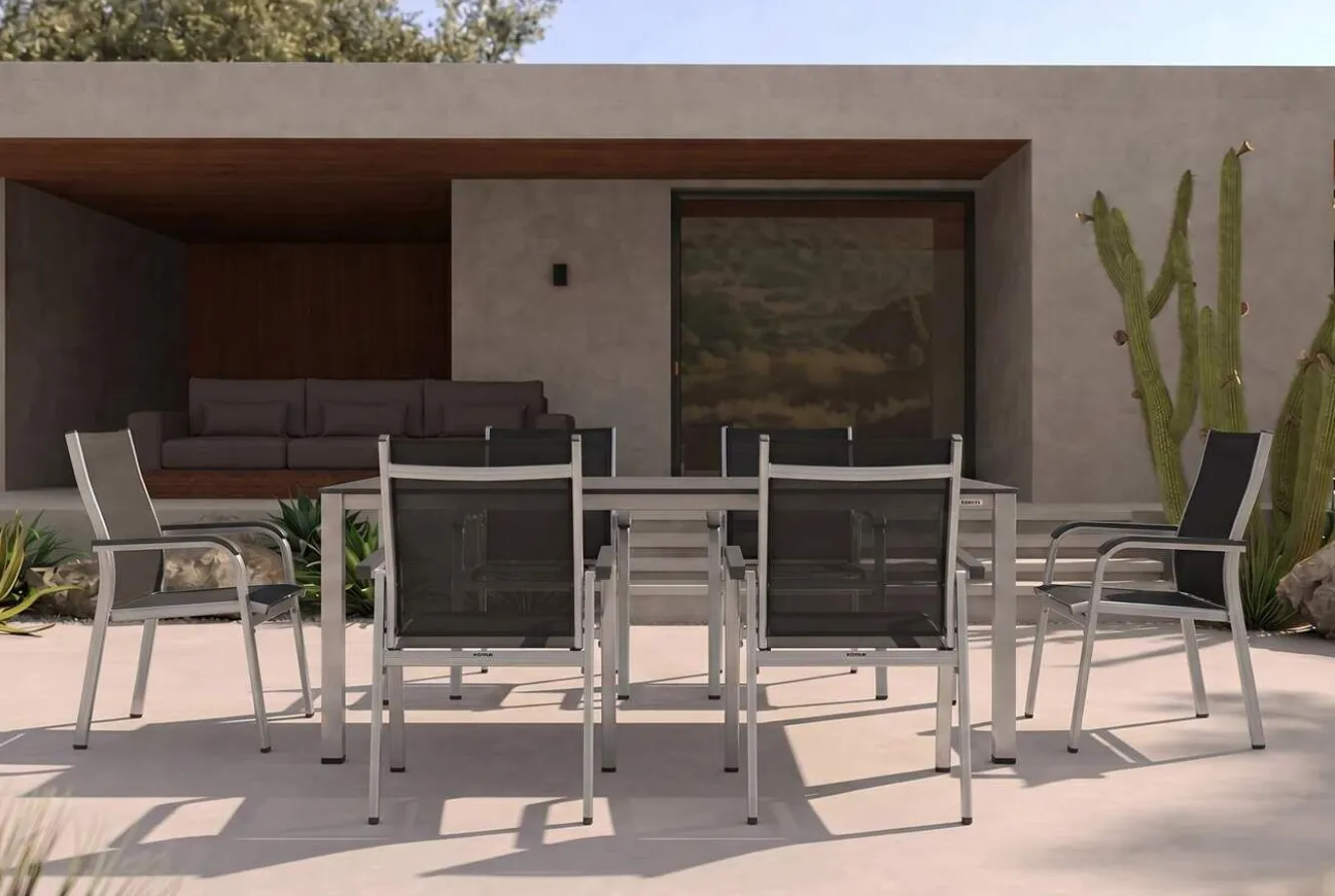 Kettler Esstischgruppe, silber/anthrazit, Kettalux-Plus Dining-Tisch 160x95cm, 6 Stapelsessel BasicPlus