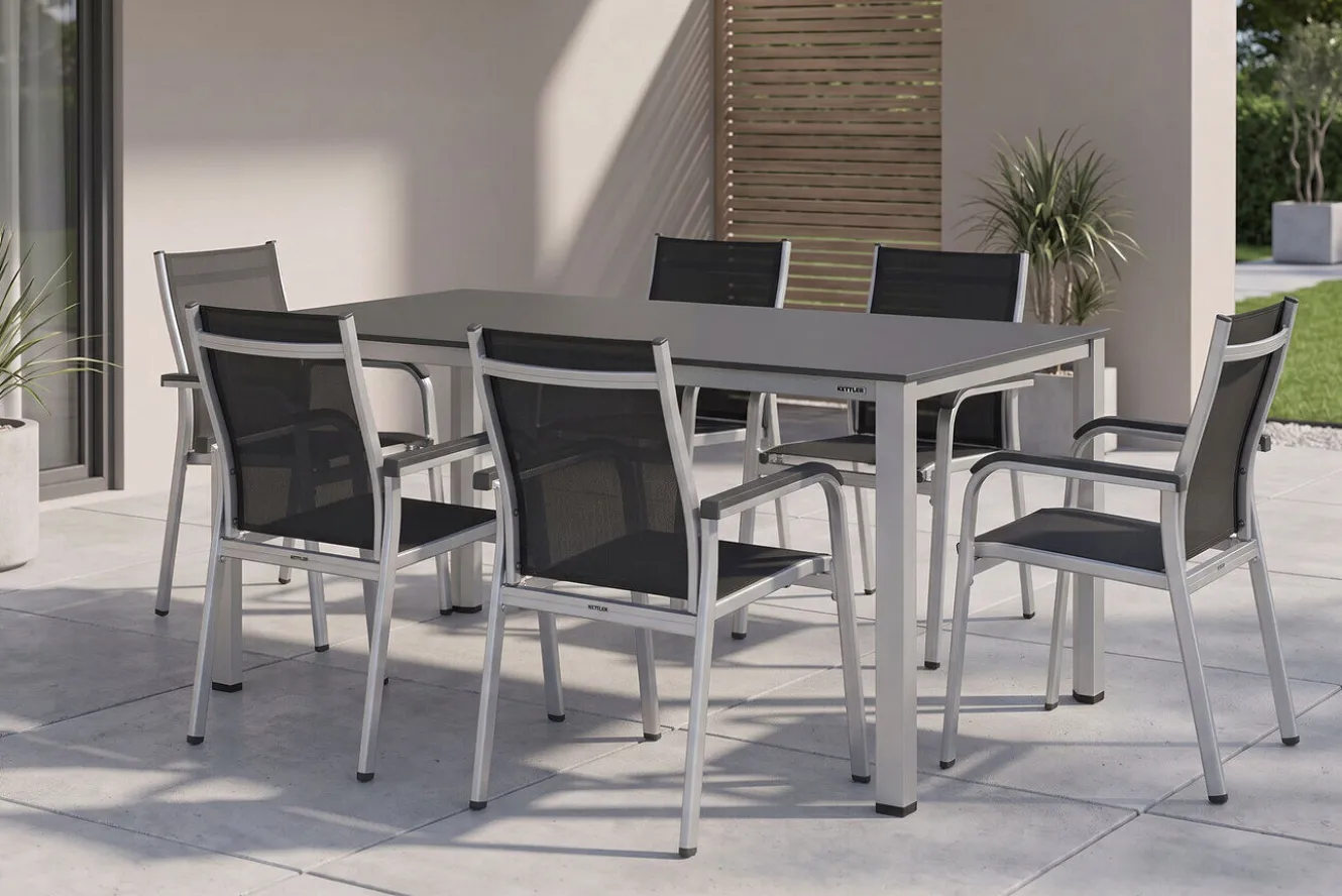 Kettler Esstischgruppe, silber/anthrazit, Kettalux-Plus Dining-Tisch 160x95cm, 6 Stapelsessel BasicPlus
