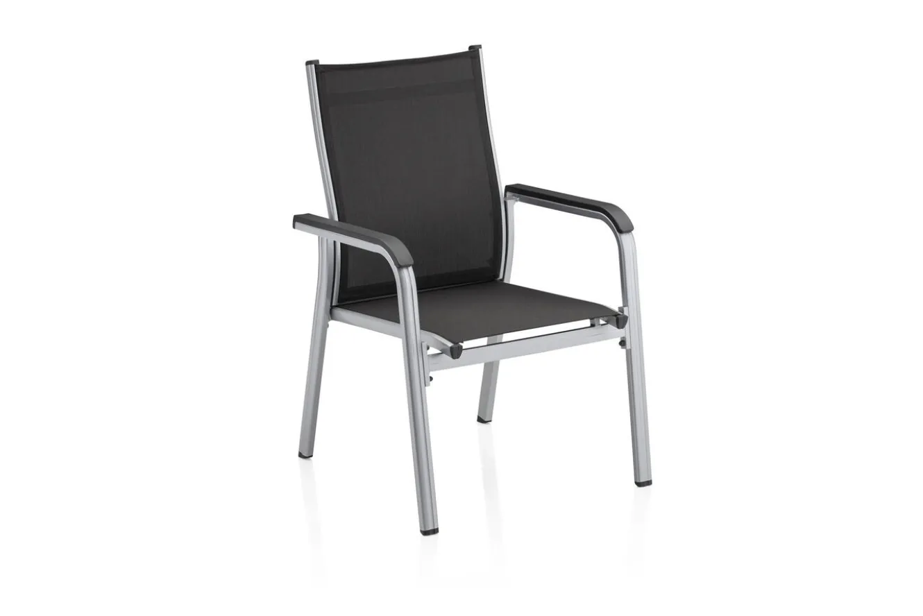 Kettler Esstischgruppe, silber/anthrazit, Kettalux-Plus Dining-Tisch 160x95cm, 6 Stapelsessel BasicPlus