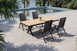 KETTLER Exklusivmodell BasicPlus Pro, Garten-Essgruppe mit LED-Beleuchtung, anthrazit/natur, Alu/Holzimitat, 240 x 100 cm, 4 Klappstühle