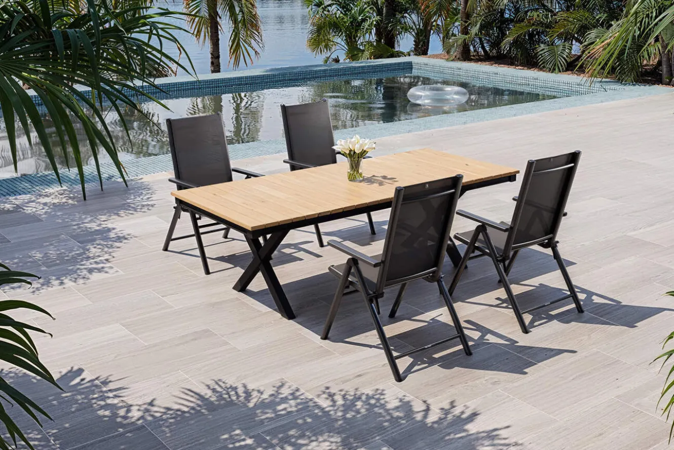 KETTLER Exklusivmodell BasicPlus Pro, Garten-Essgruppe mit LED-Beleuchtung, anthrazit/natur, Alu/Holzimitat, 240 x 100 cm, 4 Klappstühle