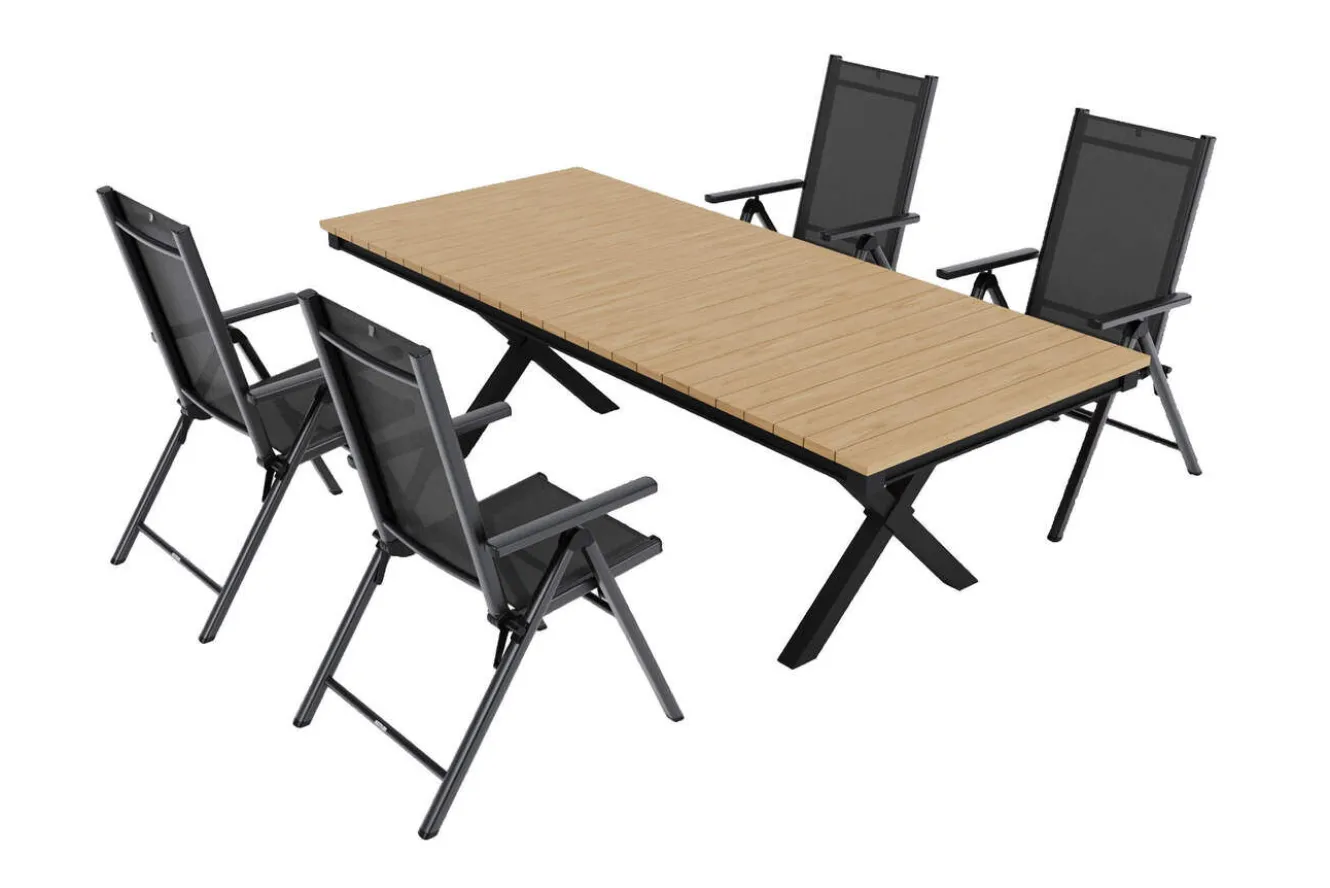 KETTLER Exklusivmodell BasicPlus Pro, Garten-Essgruppe mit LED-Beleuchtung, anthrazit/natur, Alu/Holzimitat, 240 x 100 cm, 4 Klappstühle