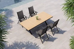 KETTLER Exklusivmodell BasicPlus Pro, Garten-Essgruppe mit LED-Beleuchtung, anthrazit/natur, Alu/Holzimitat, 240 x 100 cm, 4 Klappstühle
