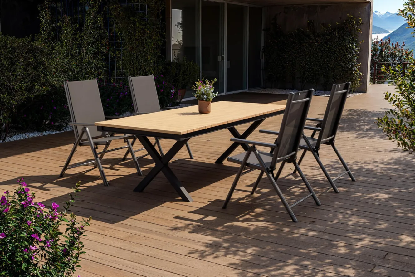 KETTLER Exklusivmodell BasicPlus Pro, Garten-Essgruppe mit LED-Beleuchtung, anthrazit/natur, Alu/Holzimitat, 240 x 100 cm, 4 Klappstühle