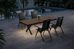 KETTLER Exklusivmodell BasicPlus Pro, Garten-Essgruppe mit LED-Beleuchtung, anthrazit/natur, Alu/Holzimitat, 240 x 100 cm, 4 Klappstühle