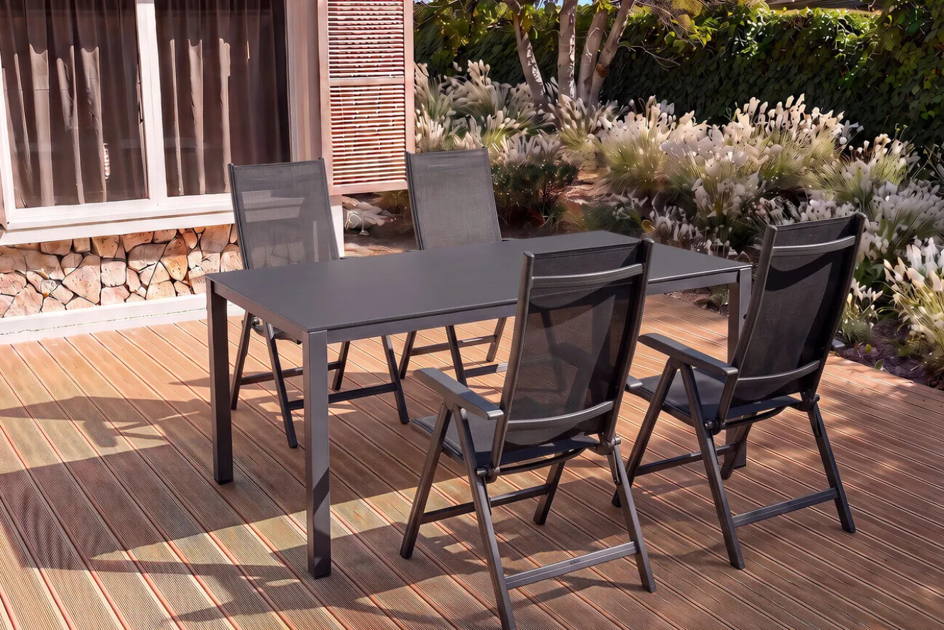 Kettler Garten-Essgruppe, anthrazit/anthrazit, Kettalux-Plus Dining-Tisch 160x95cm, 4 Klappstühle BasicPlus