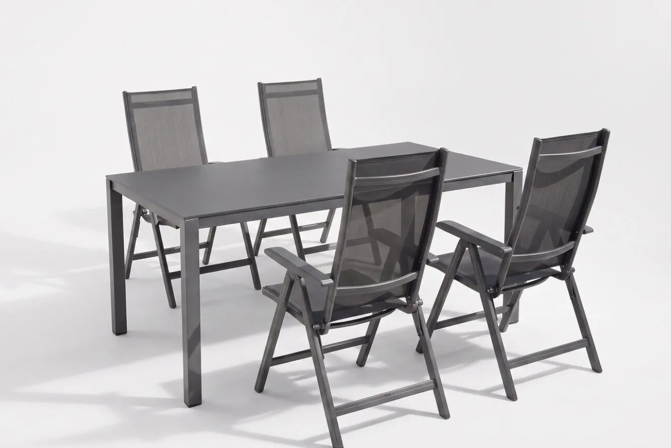 Kettler Garten-Essgruppe, anthrazit/anthrazit, Kettalux-Plus Dining-Tisch 160x95cm, 4 Klappstühle BasicPlus