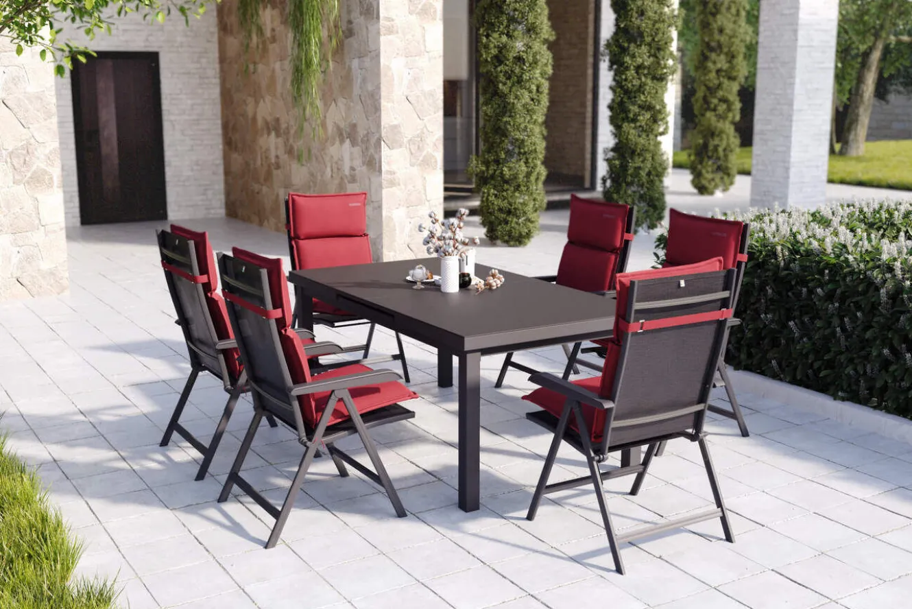 KETTLER Garten-Essgruppe, anthrazit/bordeaux, Alu/Polyester, 180/240 x 100 cm, ausziehbar, 6 Klappstühlen inkl. Auflagen