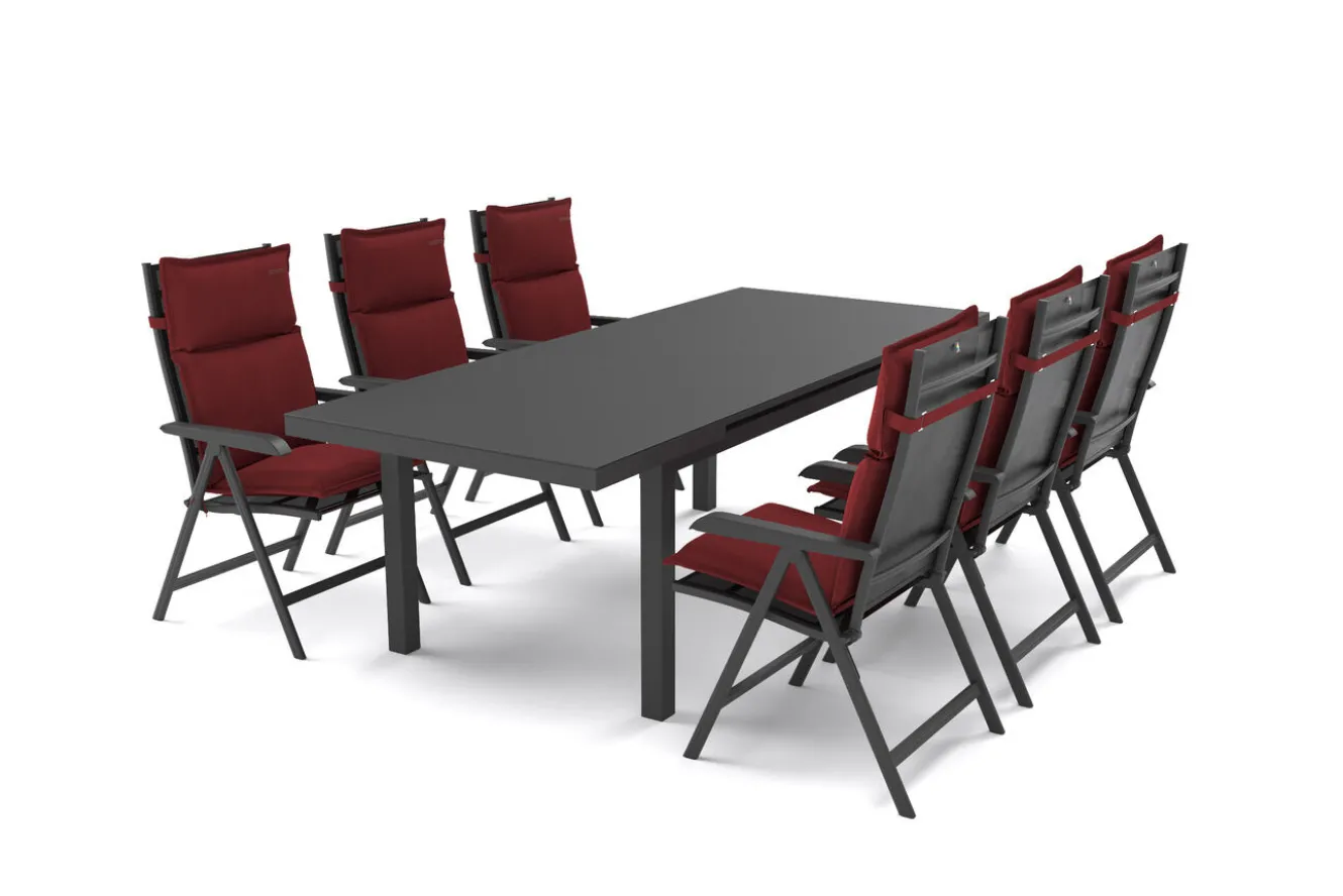 KETTLER Garten-Essgruppe, anthrazit/bordeaux, Alu/Polyester, 180/240 x 100 cm, ausziehbar, 6 Klappstühlen inkl. Auflagen